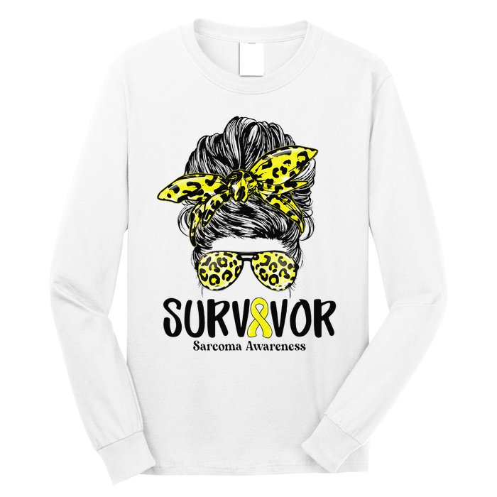 Leopard Messy Bun  Survivor Sarcoma Awareness Long Sleeve Shirt