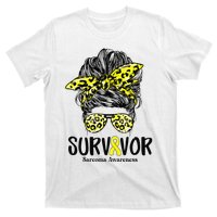 Leopard Messy Bun  Survivor Sarcoma Awareness T-Shirt