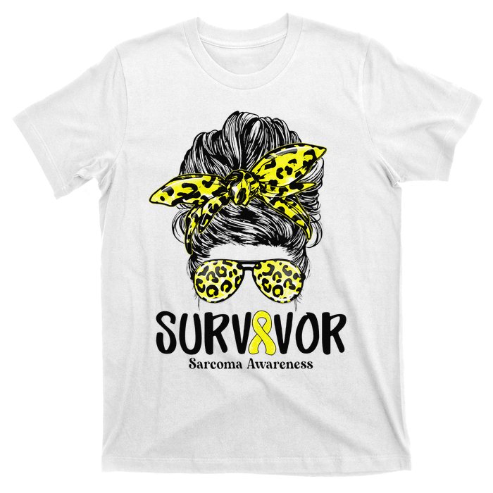 Leopard Messy Bun  Survivor Sarcoma Awareness T-Shirt