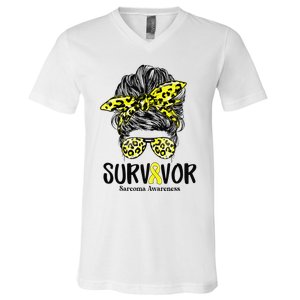 Leopard Messy Bun  Survivor Sarcoma Awareness V-Neck T-Shirt