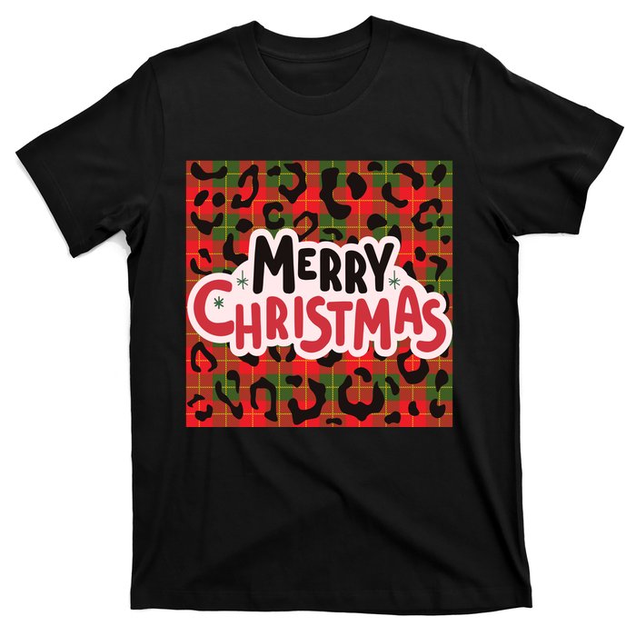 Leopard Merry Christmas Christmas Family Buffalo Plaid Christmas Leopard Prin T-Shirt