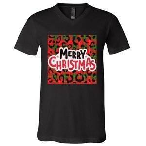 Leopard Merry Christmas Christmas Family Buffalo Plaid Christmas Leopard Prin V-Neck T-Shirt