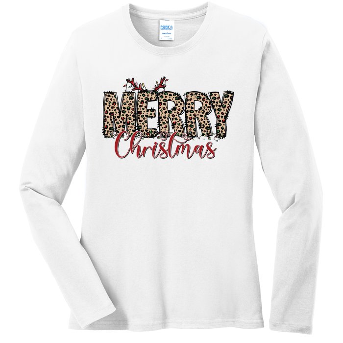 Leopard Merry Christmas Ladies Long Sleeve Shirt