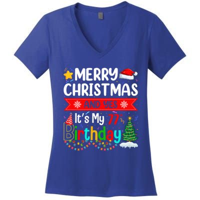 Lighting Merry Christmas Yes ItS My 77th Birthday Christmas Gift Women's V-Neck T-Shirt