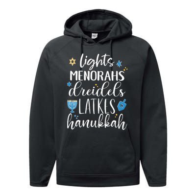 Lights Menorahs Dreidels Latkes Hanukkah Jewish Performance Fleece Hoodie