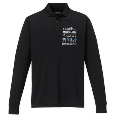 Lights Menorahs Dreidels Latkes Hanukkah Jewish Performance Long Sleeve Polo