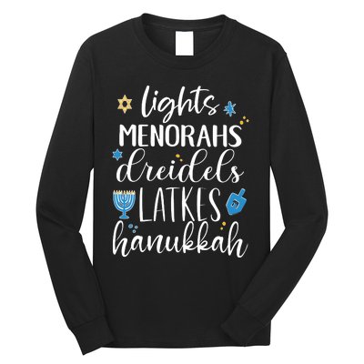 Lights Menorahs Dreidels Latkes Hanukkah Jewish Long Sleeve Shirt