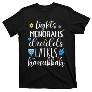 Lights Menorahs Dreidels Latkes Hanukkah Jewish T-Shirt