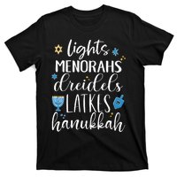 Lights Menorahs Dreidels Latkes Hanukkah Jewish T-Shirt