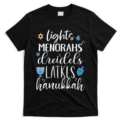 Lights Menorahs Dreidels Latkes Hanukkah Jewish T-Shirt