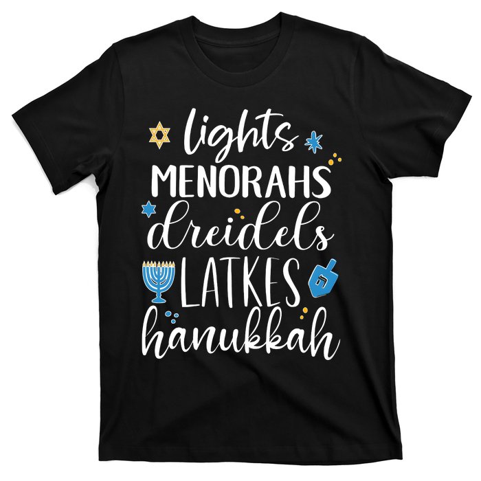 Lights Menorahs Dreidels Latkes Hanukkah Jewish T-Shirt