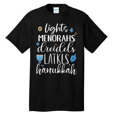 Lights Menorahs Dreidels Latkes Hanukkah Jewish Tall T-Shirt