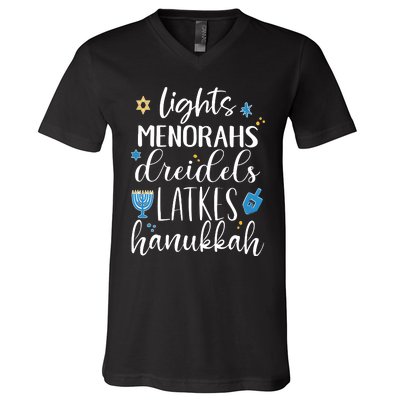 Lights Menorahs Dreidels Latkes Hanukkah Jewish V-Neck T-Shirt