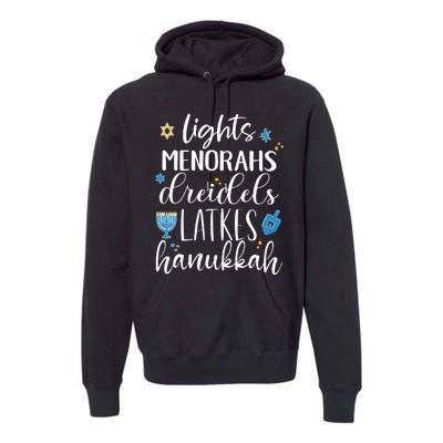 Lights Menorahs Dreidels Latkes Hanukkah Jewish Premium Hoodie