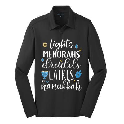 Lights Menorahs Dreidels Latkes Hanukkah Jewish Silk Touch Performance Long Sleeve Polo