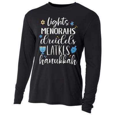 Lights Menorahs Dreidels Latkes Hanukkah Jewish Cooling Performance Long Sleeve Crew