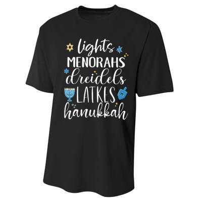 Lights Menorahs Dreidels Latkes Hanukkah Jewish Performance Sprint T-Shirt