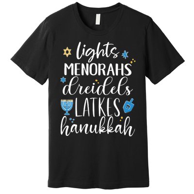 Lights Menorahs Dreidels Latkes Hanukkah Jewish Premium T-Shirt