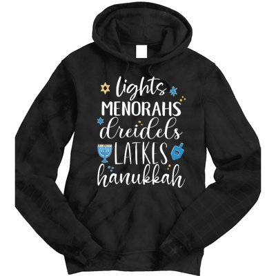 Lights Menorahs Dreidels Latkes Hanukkah Jewish Tie Dye Hoodie