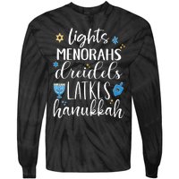 Lights Menorahs Dreidels Latkes Hanukkah Jewish Tie-Dye Long Sleeve Shirt