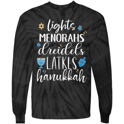 Lights Menorahs Dreidels Latkes Hanukkah Jewish Tie-Dye Long Sleeve Shirt