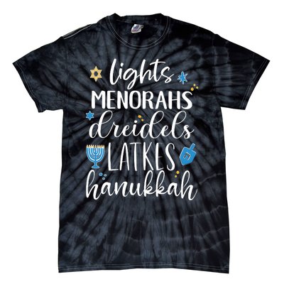 Lights Menorahs Dreidels Latkes Hanukkah Jewish Tie-Dye T-Shirt