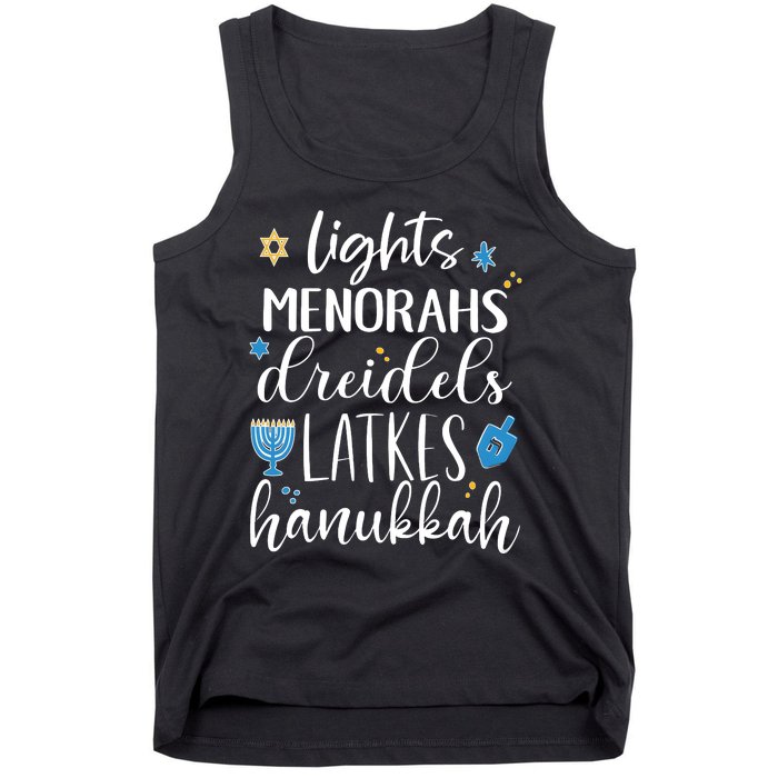 Lights Menorahs Dreidels Latkes Hanukkah Jewish Tank Top