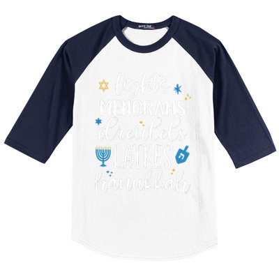 Lights Menorahs Dreidels Latkes Hanukkah Jewish Baseball Sleeve Shirt