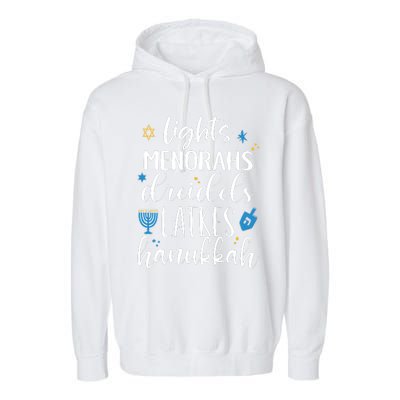 Lights Menorahs Dreidels Latkes Hanukkah Jewish Garment-Dyed Fleece Hoodie