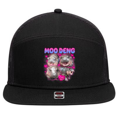 Love Moo Deng Funny Cute Hippo Meme 7 Panel Mesh Trucker Snapback Hat