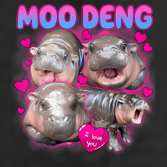 Love Moo Deng Funny Cute Hippo Meme 7 Panel Mesh Trucker Snapback Hat