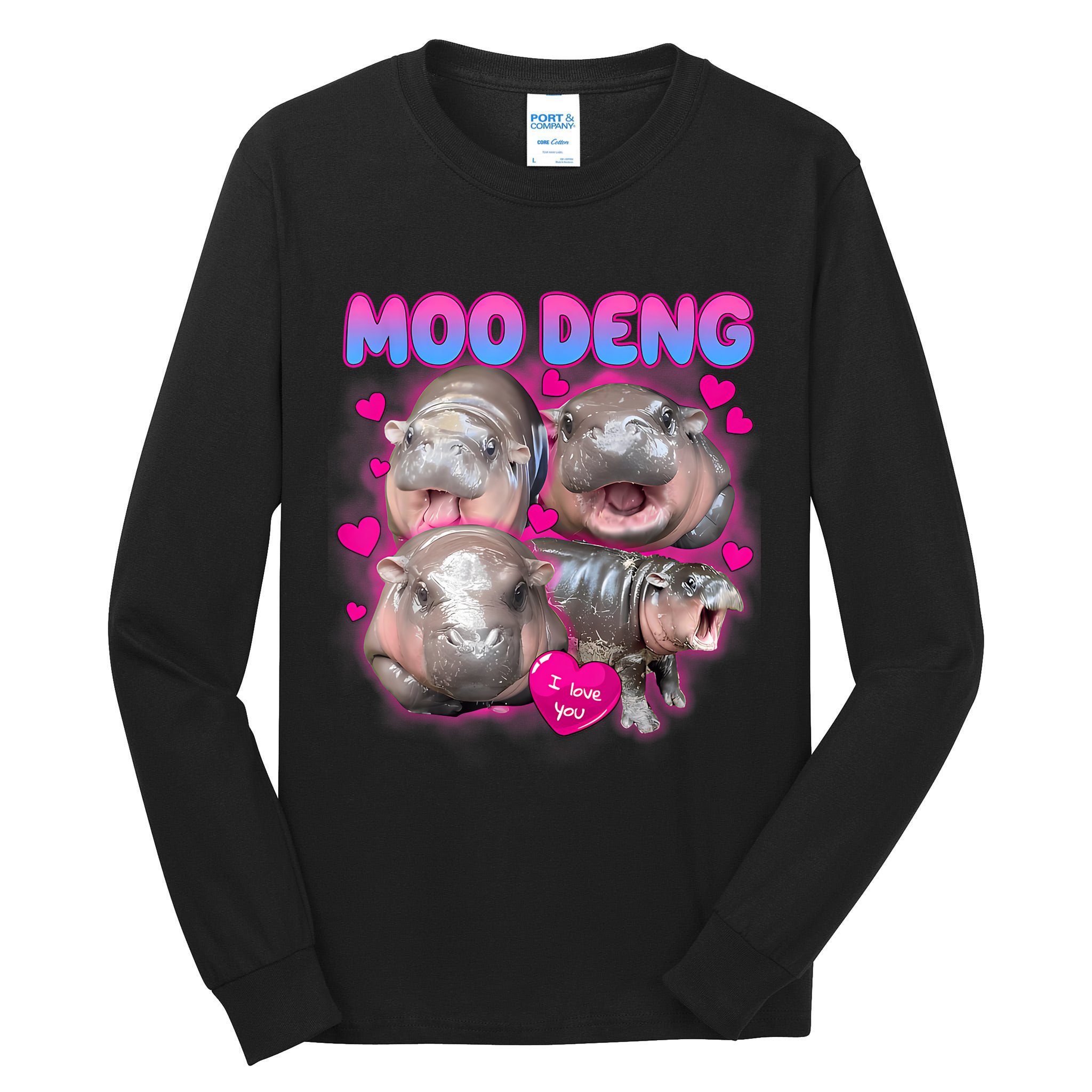 Love Moo Deng Funny Cute Hippo Meme Tall Long Sleeve T-Shirt