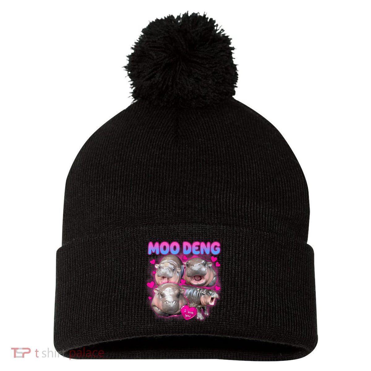 Love Moo Deng Funny Cute Hippo Meme Pom Pom 12in Knit Beanie