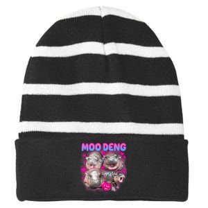 Love Moo Deng Funny Cute Hippo Meme Striped Beanie with Solid Band