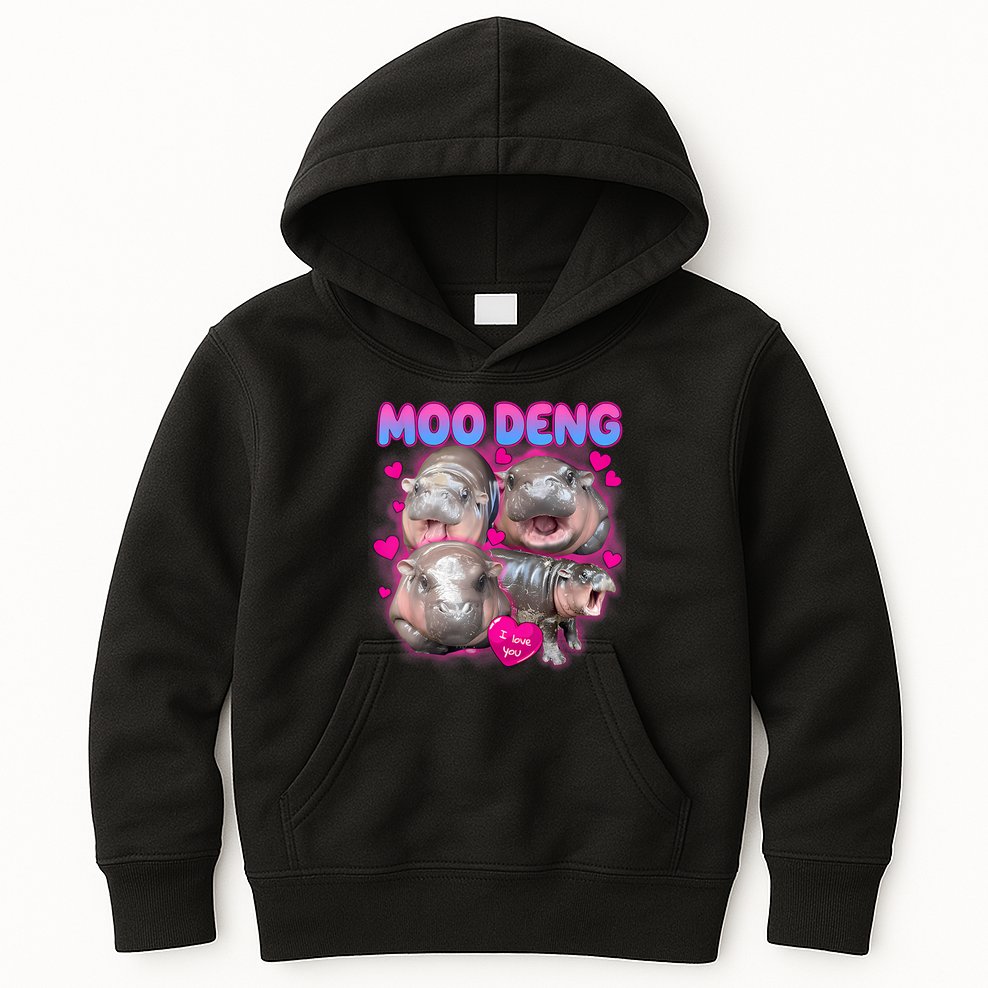 Love Moo Deng Funny Cute Hippo Meme Kids Hoodie