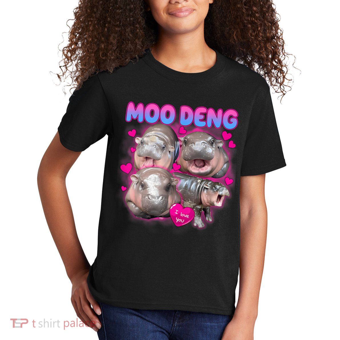 Love Moo Deng Funny Cute Hippo Meme Kids T-Shirt