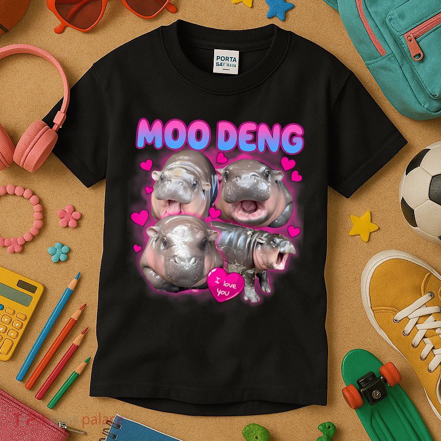 Love Moo Deng Funny Cute Hippo Meme Kids T-Shirt