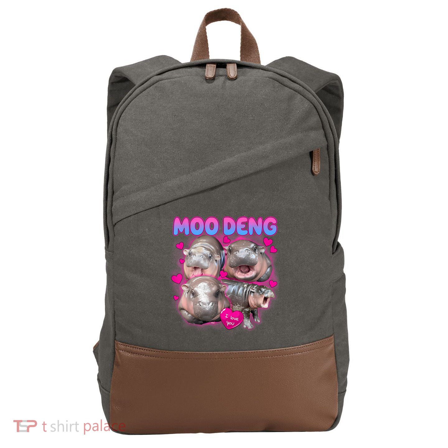 Love Moo Deng Funny Cute Hippo Meme Cotton Canvas Backpack