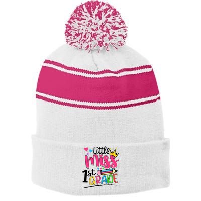 Little Miss First Grade Back To School 1st Grader Kids Stripe Pom Pom Beanie