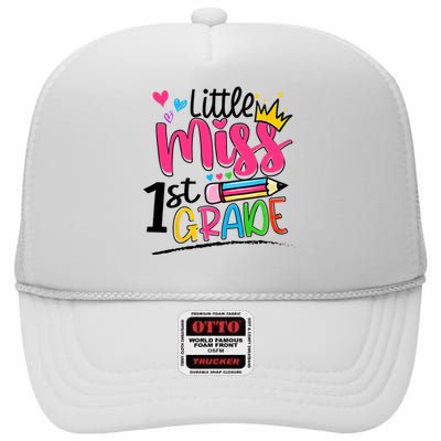 Little Miss First Grade Back To School 1st Grader Kids High Crown Mesh Back Trucker Hat