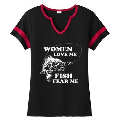 Love Me Fish Fear Me Funny Fathers Day Present For Ladies Halftime Notch Neck Tee