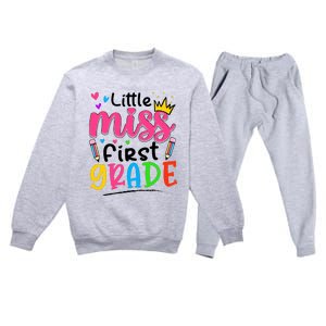 Little Miss First Grade Back To School 1st Grade Girl Premium Crewneck Sweatsuit Set