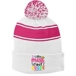 Little Miss First Grade Back To School 1st Grade Girl Stripe Pom Pom Beanie