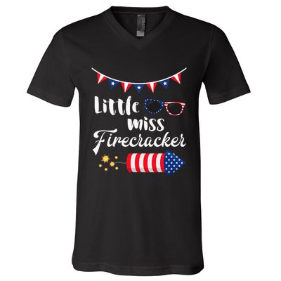 Little Miss Firecracker 4th Of July V-Neck T-Shirt