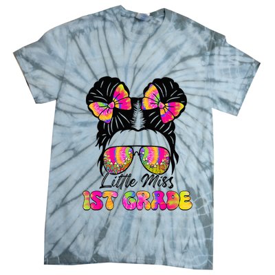 Little Miss First 1st Grade Messy Bun Back To School Tie-Dye T-Shirt