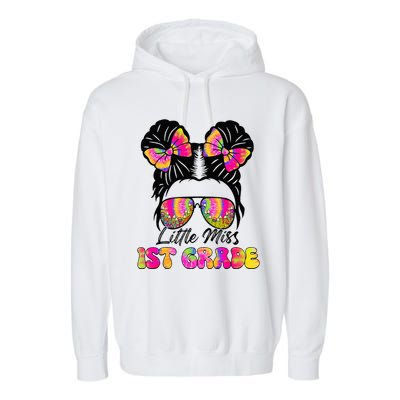 Little Miss First 1st Grade Messy Bun Back To School Garment-Dyed Fleece Hoodie