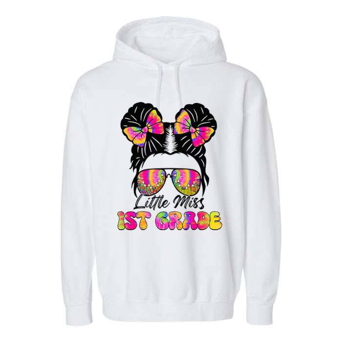 Little Miss First 1st Grade Messy Bun Back To School Garment-Dyed Fleece Hoodie