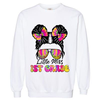 Little Miss First 1st Grade Messy Bun Back To School Garment-Dyed Sweatshirt