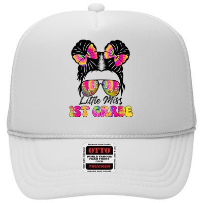 Little Miss First 1st Grade Messy Bun Back To School High Crown Mesh Back Trucker Hat