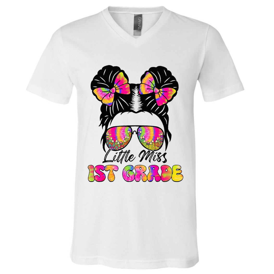 Little Miss First 1st Grade Messy Bun Back To School V-Neck T-Shirt